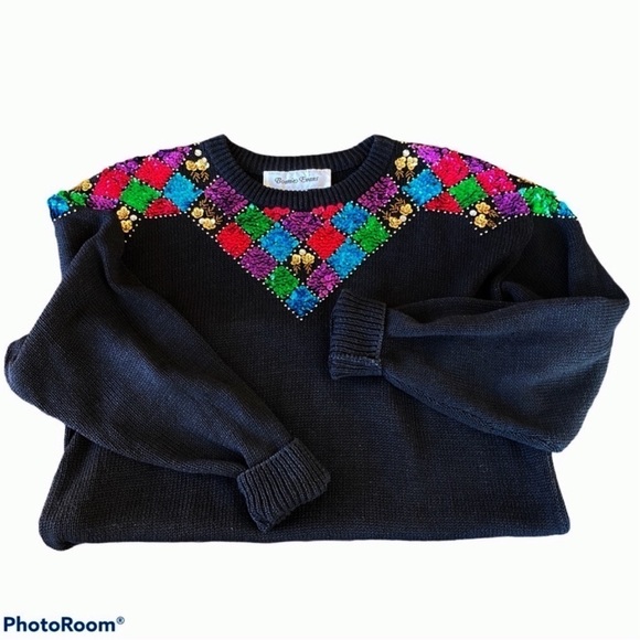 BONNIE EVANS Vintage 80’s Black Sequin Sweater Size M - Picture 3 of 8